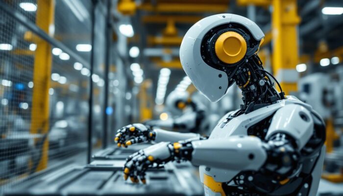 A photograph of a modern industrial robot in action within a manufacturing facility