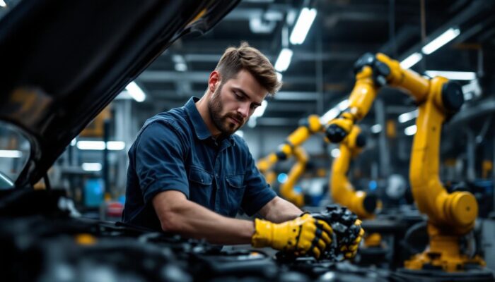 A photograph of a skilled mechanic working on a vehicle in a bustling boston garage