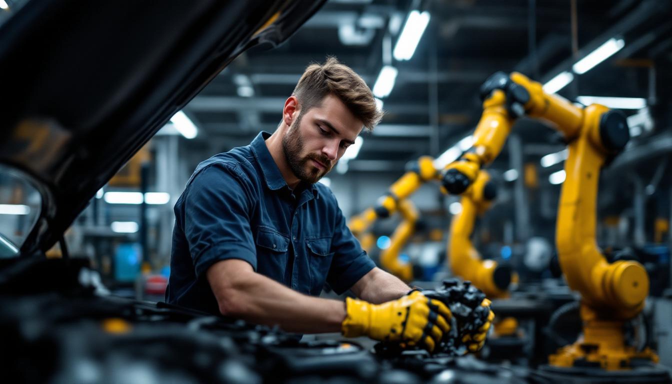 A photograph of a skilled mechanic working on a vehicle in a bustling boston garage