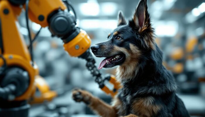 A photograph of a playful k9 dog interacting with an industrial robotic arm in a dynamic setting