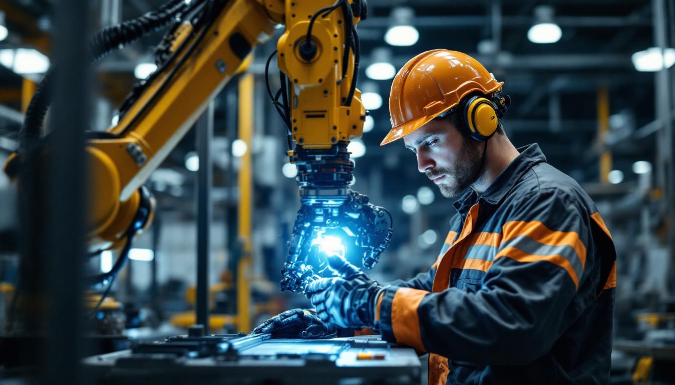 A photograph of capture a photograph of a skilled technician operating an industrial robot in a modern manufacturing environment