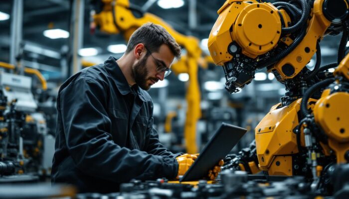 A photograph of a skilled engineer working alongside an industrial robot in a modern manufacturing setting