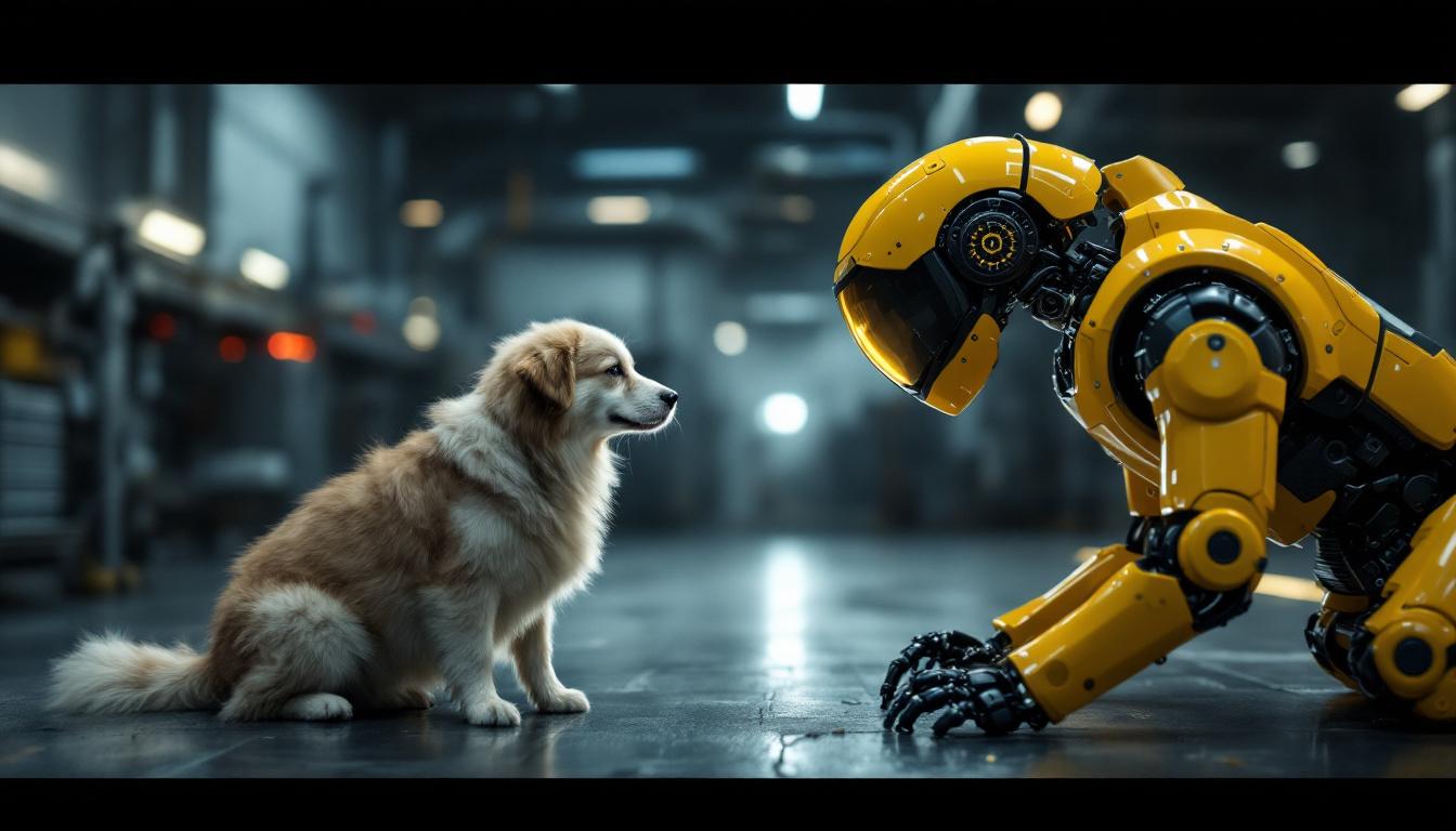 A photograph of a dynamic scene where a rescue dog interacts with an industrial robot