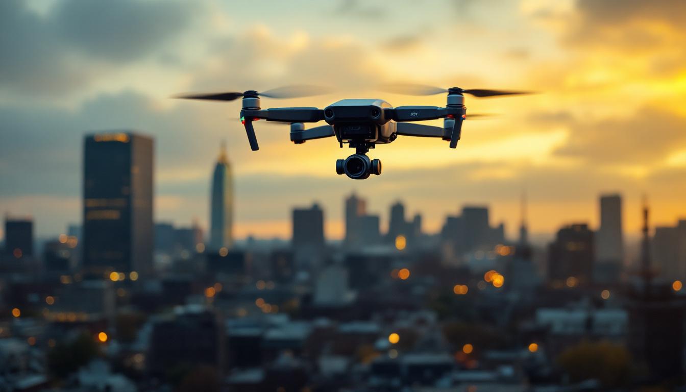 A photograph of capture a photograph of a drone flying over the boston skyline