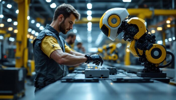 A photograph of a sleek industrial robot in action