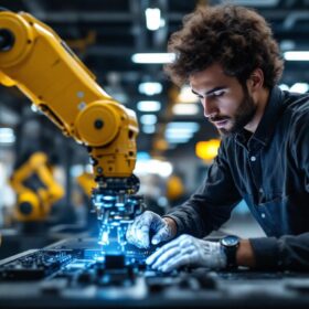 A photograph of a dynamic scene showcasing a finance intern engaged in hands-on work with industrial robotics