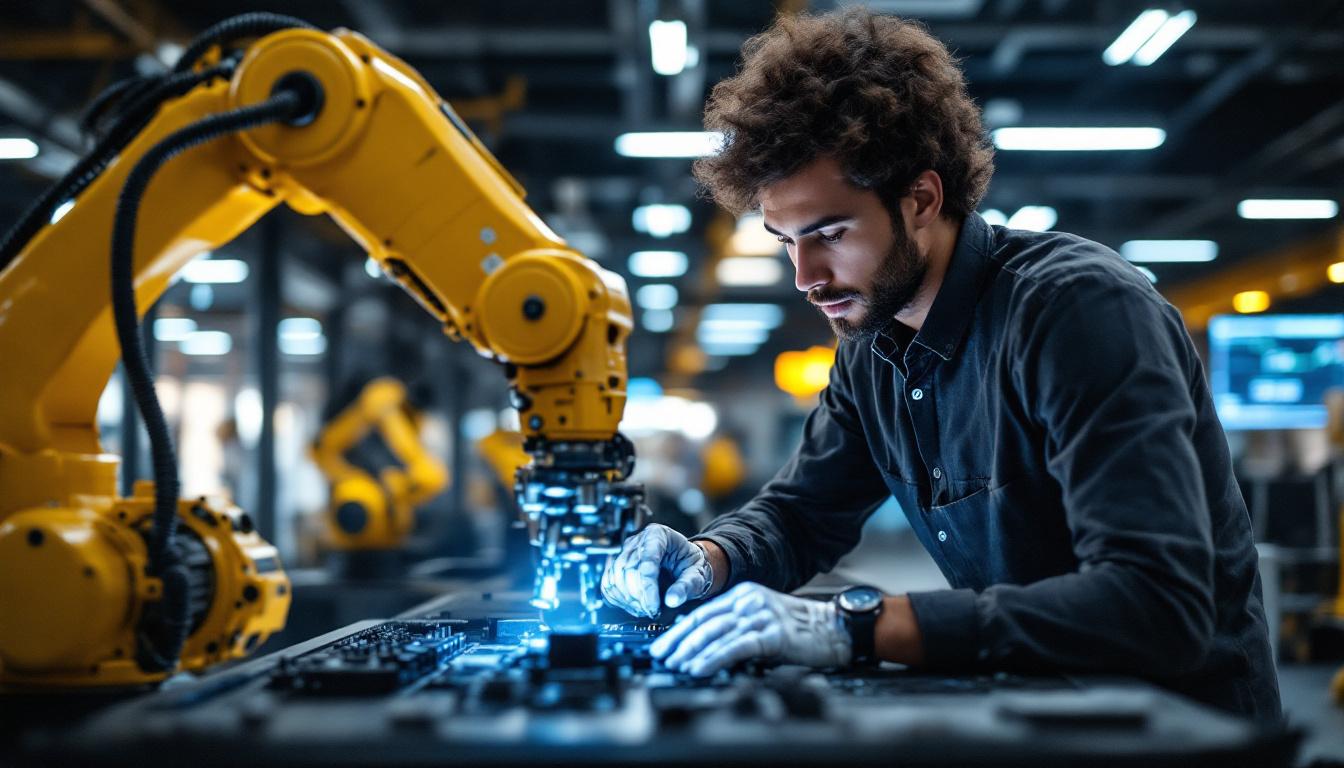 A photograph of a dynamic scene showcasing a finance intern engaged in hands-on work with industrial robotics