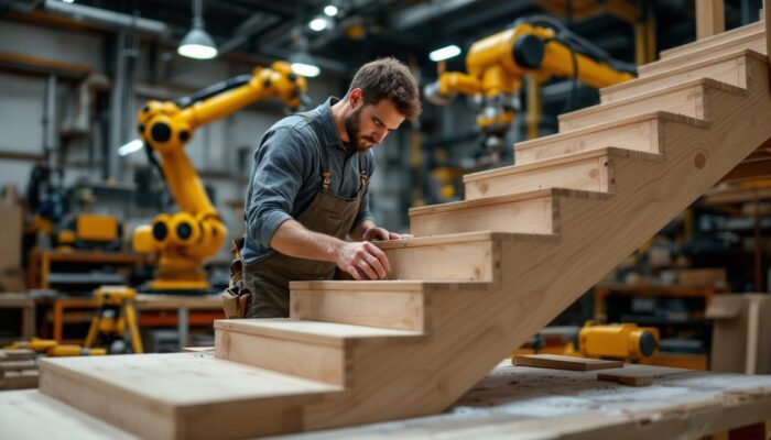 A photograph of a skilled craftsman meticulously constructing a set of wooden stairs