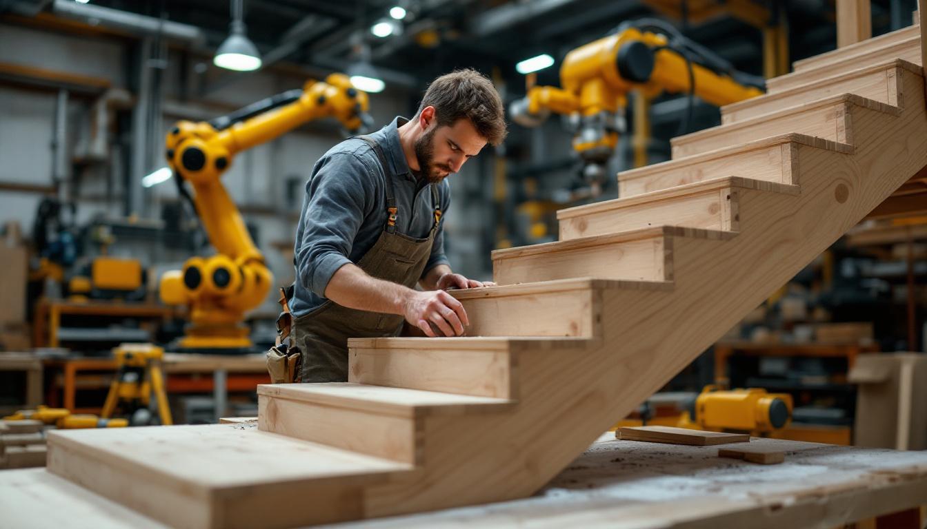 A photograph of a skilled craftsman meticulously constructing a set of wooden stairs