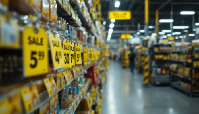 A photograph of a dollar general store aisle showcasing the vibrant yellow dot sale tags on various products