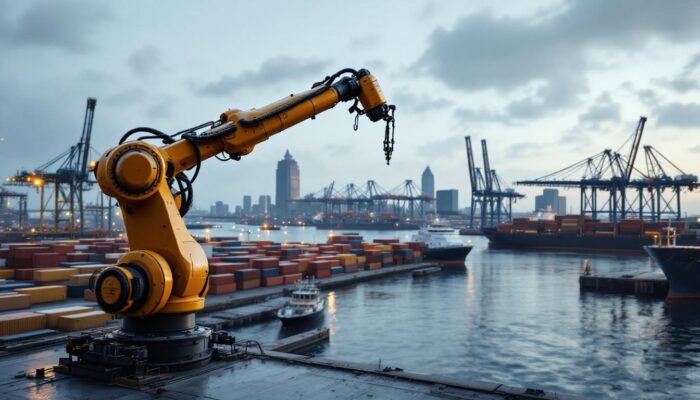 A photograph of a bustling boston port scene showcasing cargo ships and containers