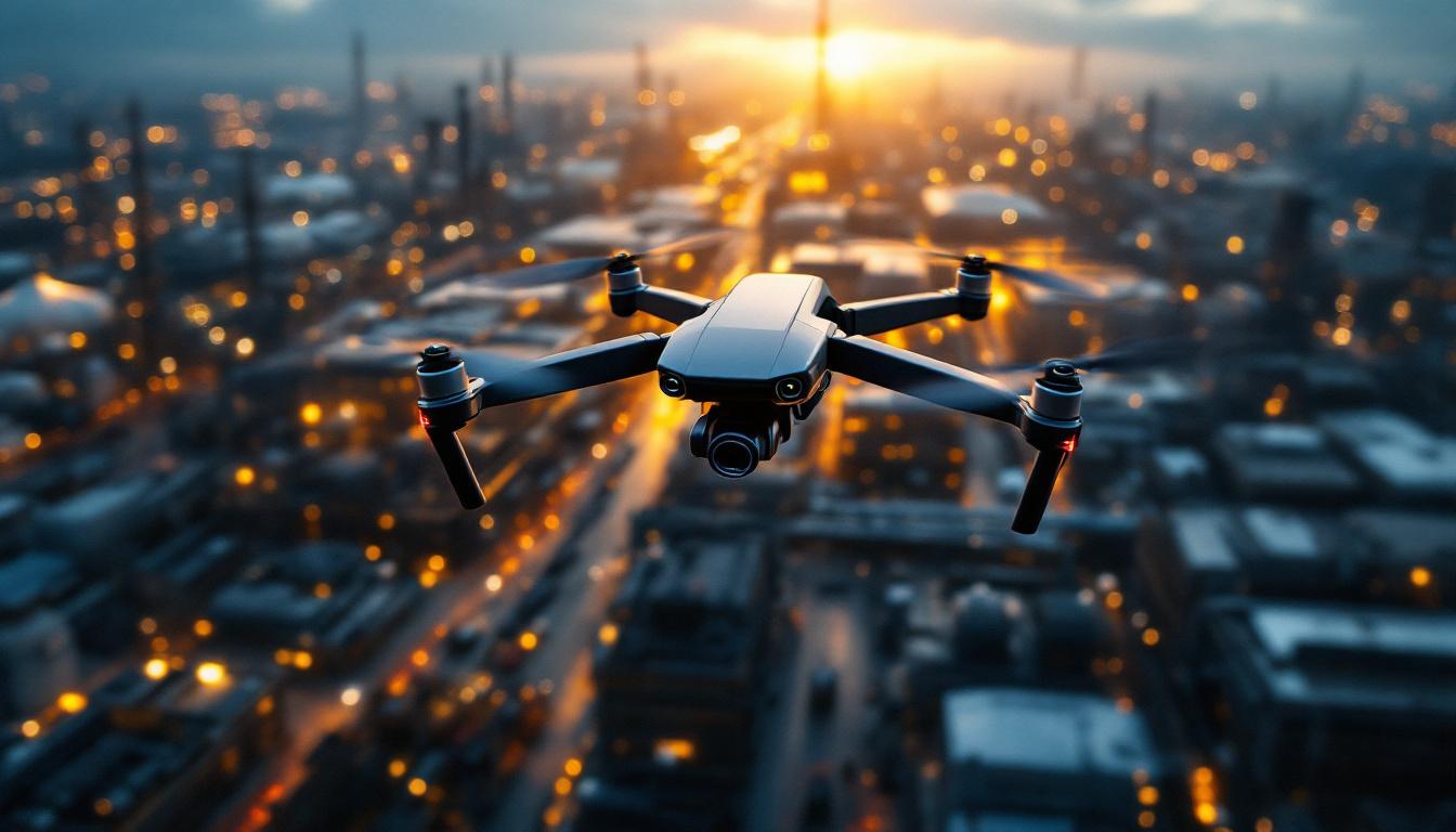 A photograph of a drone in flight over a bustling industrial landscape