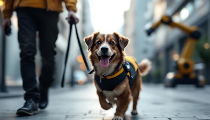 A photograph of a friendly dog being walked by a person in an urban setting
