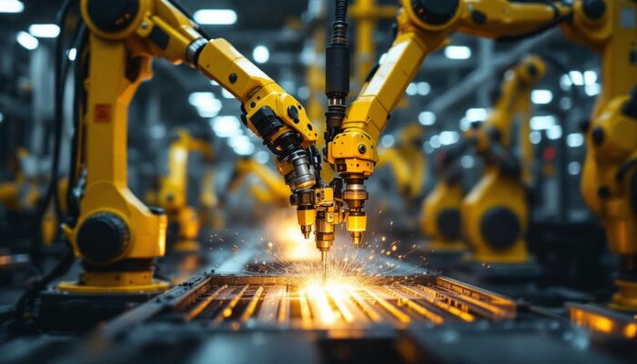 A photograph of a dynamic industrial setting featuring advanced robotic arms in action