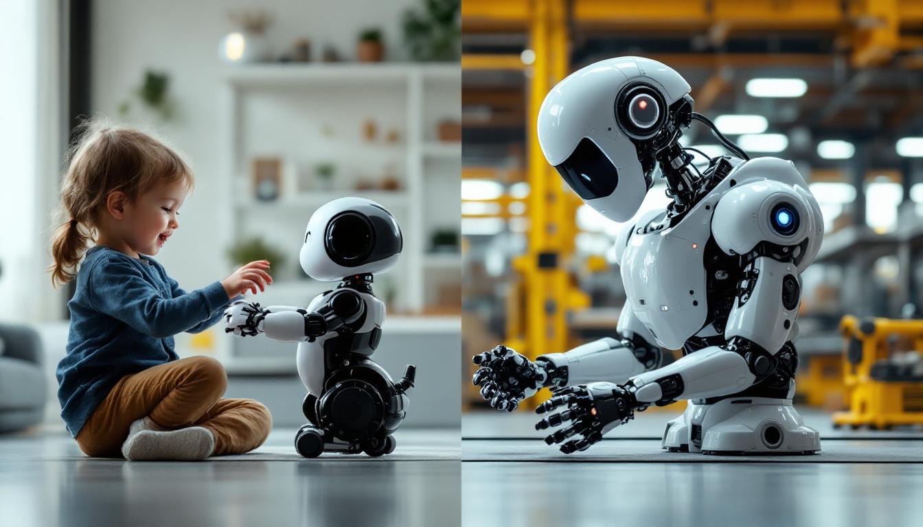 A photograph of a robotic pet interacting playfully with a child in a home setting