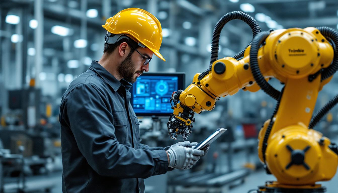 A photograph of a skilled technician programming an industrial robot in a modern manufacturing facility