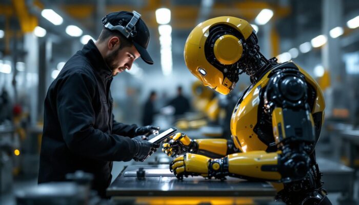 A photograph of a sleek industrial robot in action within a manufacturing environment