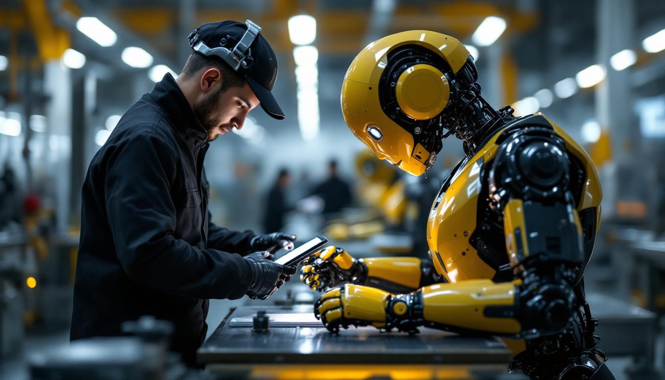 A photograph of a sleek industrial robot in action within a manufacturing environment