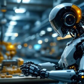 A photograph of a sleek industrial robot in action within a modern manufacturing facility