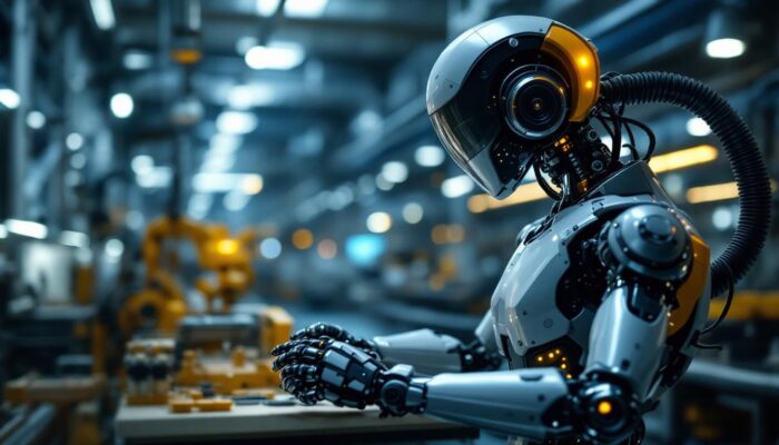 A photograph of a sleek industrial robot in action within a modern manufacturing facility