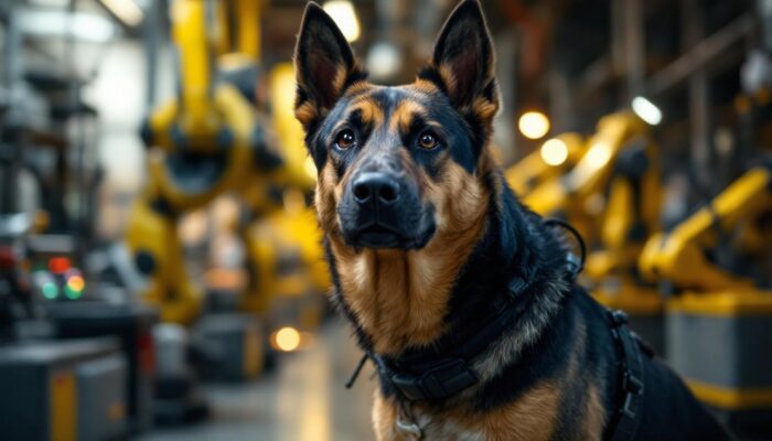 A photograph of a louisiana guard dog standing alert in a vibrant industrial setting