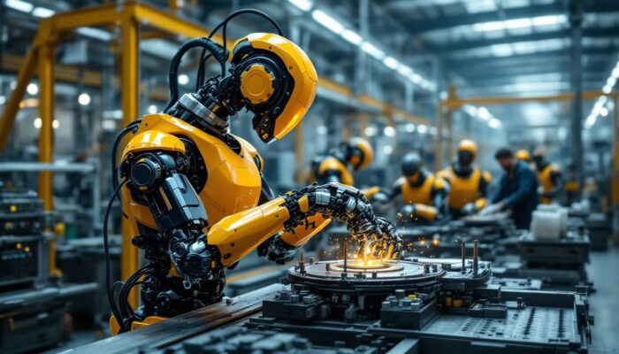 A photograph of a dynamic industrial robot in action within a manufacturing environment