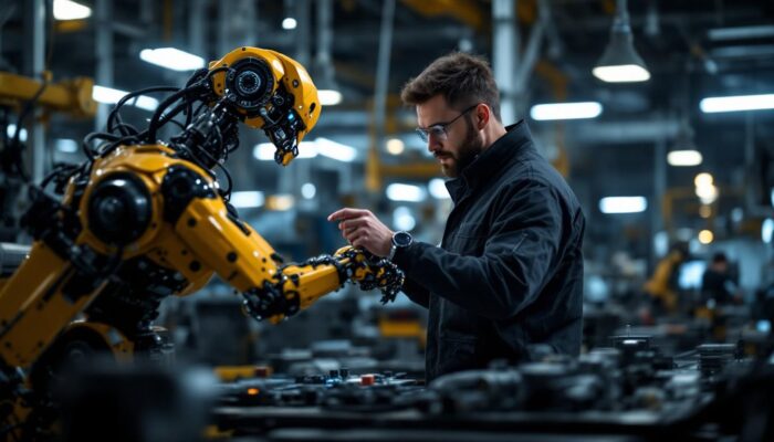 A photograph of a skilled technician programming a dexterous industrial robot in a modern manufacturing setting