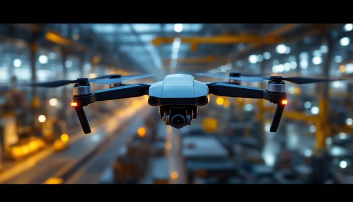 A photograph of a sleek drone in flight over an industrial landscape