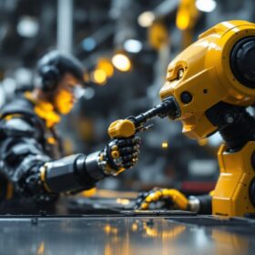 A photograph of a sleek industrial robot working alongside a human operator in a modern manufacturing setting