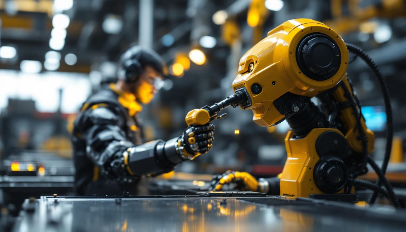 A photograph of a sleek industrial robot working alongside a human operator in a modern manufacturing setting