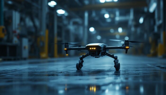 A photograph of a rover drone in action within an industrial setting