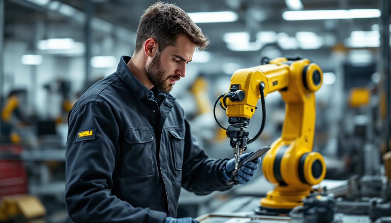 A photograph of a skilled technician operating a trimble industrial robot in a modern workspace
