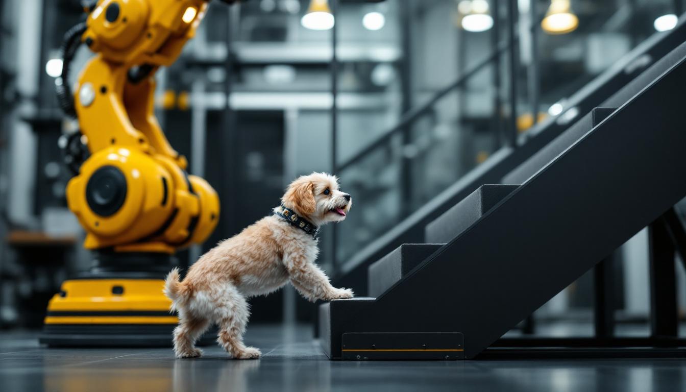 A photograph of a small dog confidently using a set of stylish