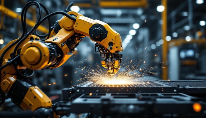 A photograph of a dynamic industrial robot in action