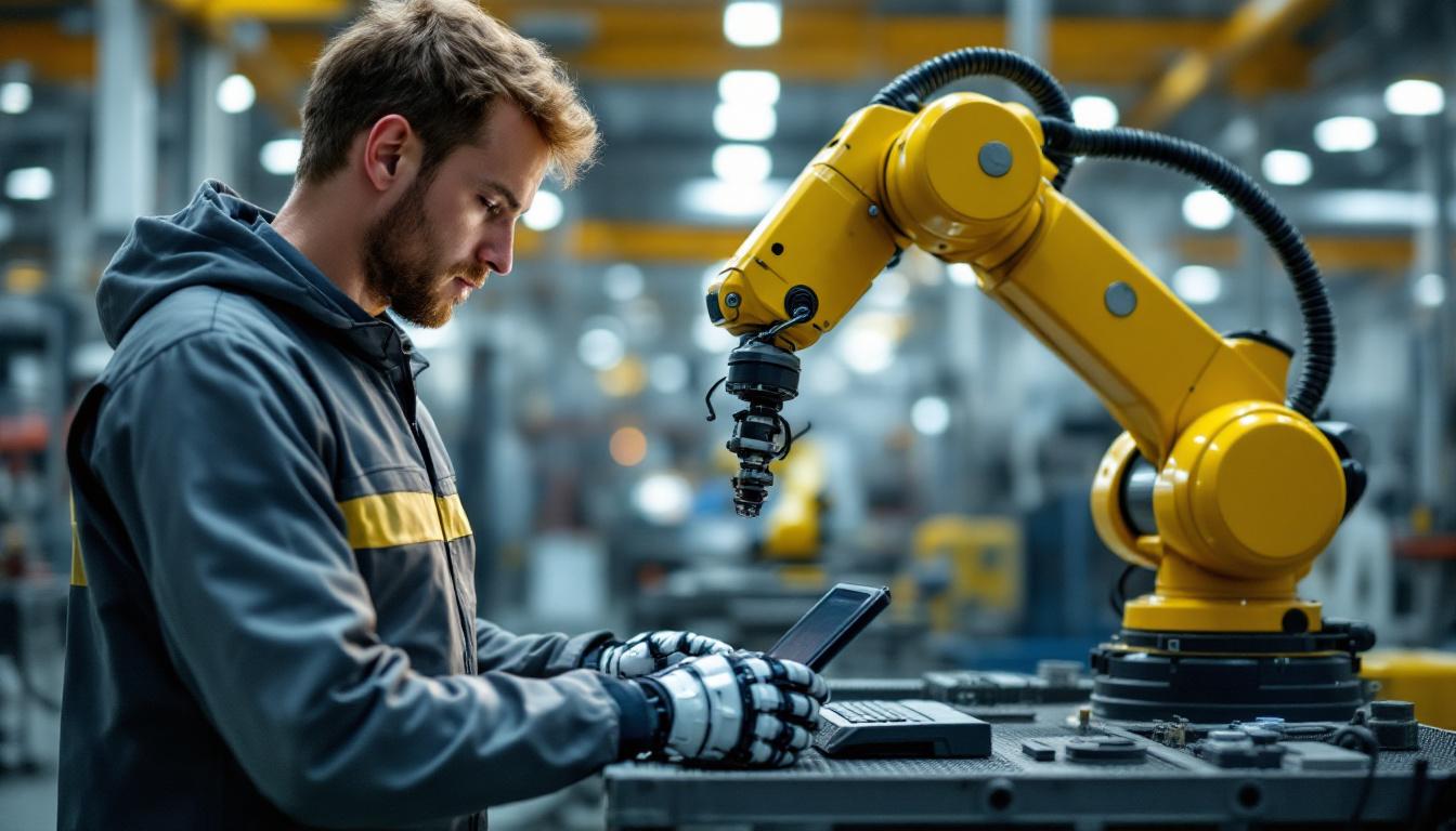 A photograph of a skilled technician programming an industrial robot in a modern manufacturing facility