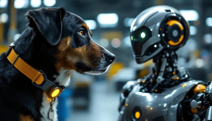 A photograph of a close-up of a dog with a visible microchip tag on its collar