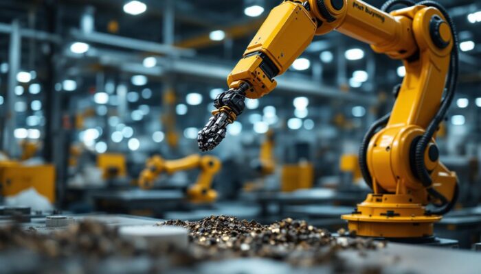 A photograph of a dynamic industrial setting showcasing a robotic arm in action