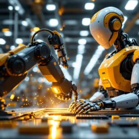 A photograph of a sleek industrial robot in action within a modern manufacturing environment