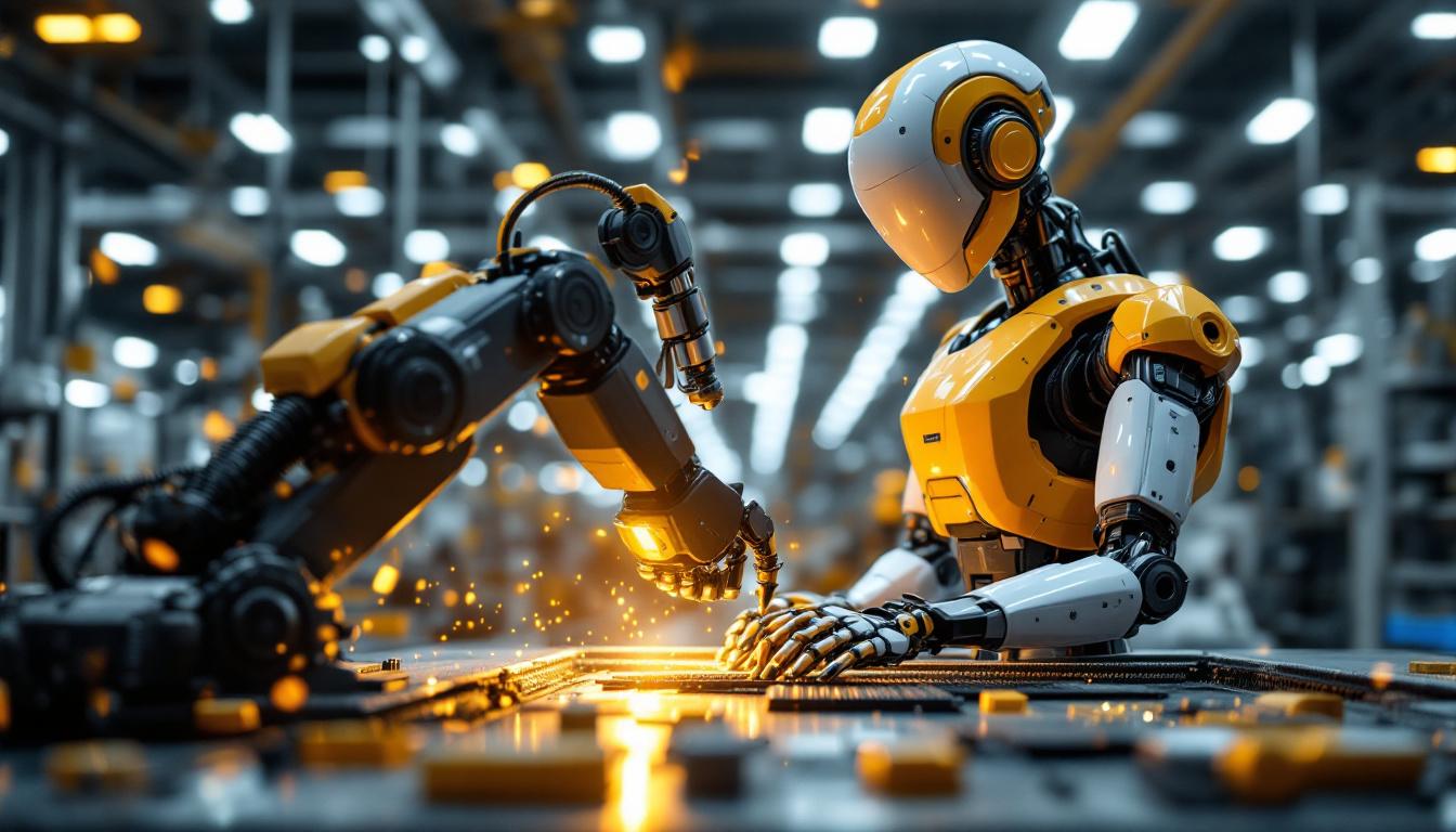 A photograph of a sleek industrial robot in action within a modern manufacturing environment