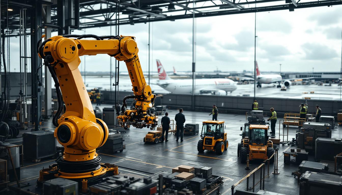 A photograph of a busy boston airport scene with grounded planes and air traffic control personnel