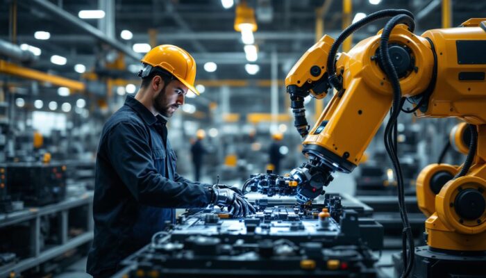 A photograph of a dynamic scene in a modern manufacturing facility