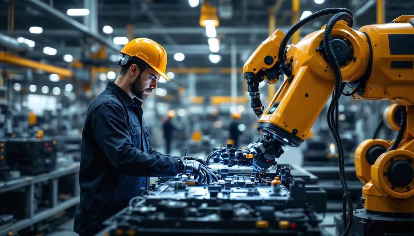 A photograph of a dynamic scene in a modern manufacturing facility