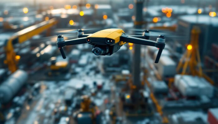 A photograph of capture a photograph of a drone equipped with scanning technology in action over an industrial landscape