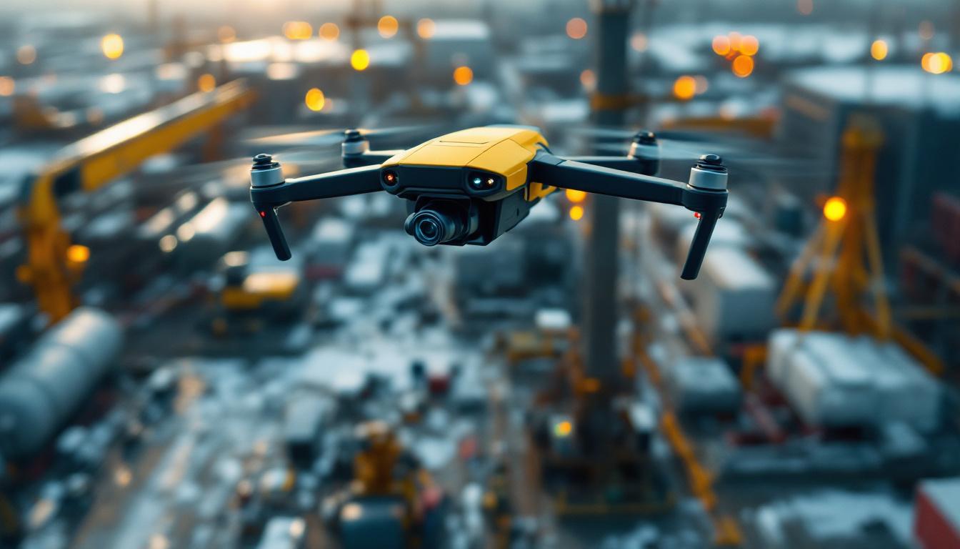 A photograph of capture a photograph of a drone equipped with scanning technology in action over an industrial landscape