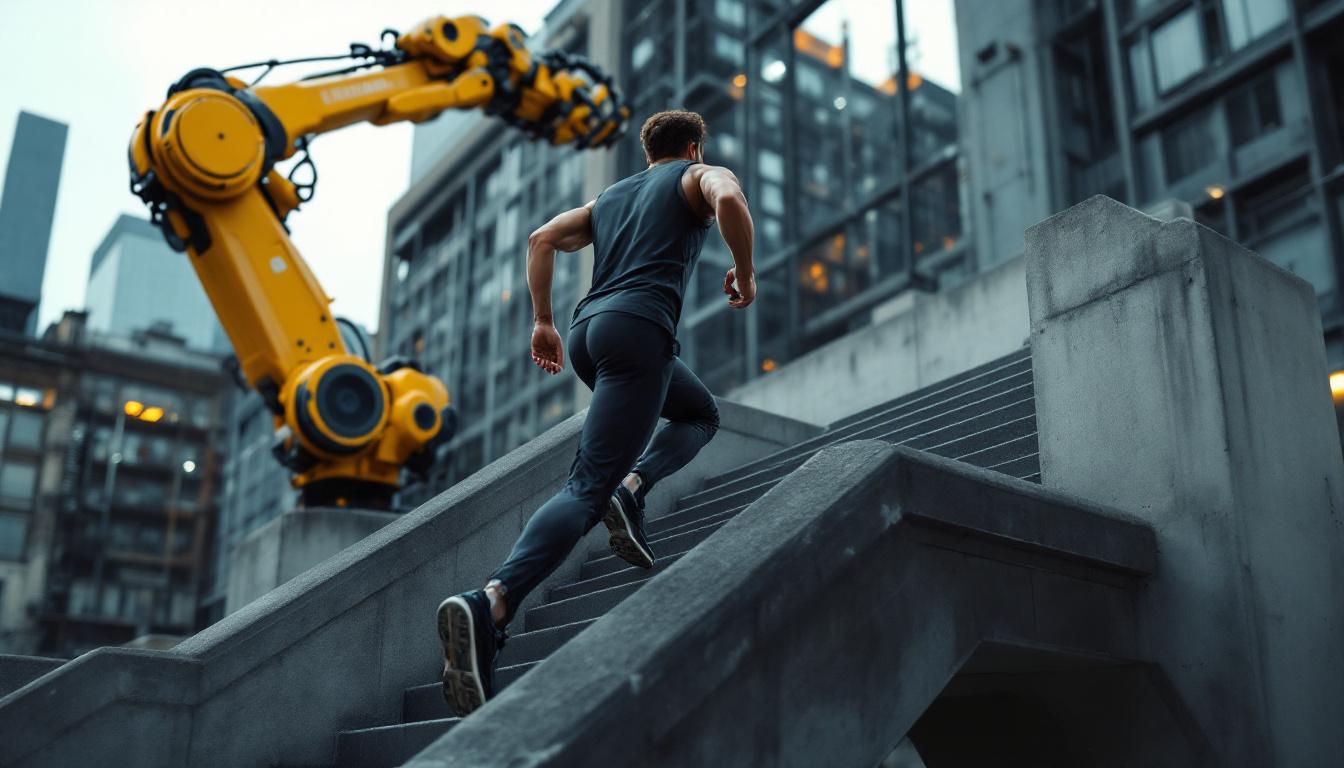 A photograph of a person running up a set of outdoor stairs in an urban setting