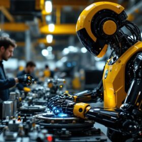 A photograph of a dynamic industrial setting showcasing a collaborative robot (cobot) working alongside human workers