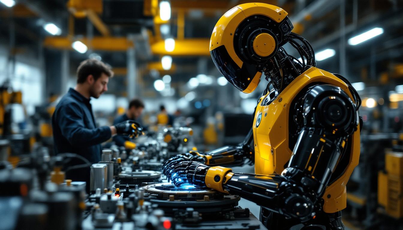 A photograph of a dynamic industrial setting showcasing a collaborative robot (cobot) working alongside human workers