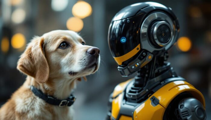 A photograph of a playful dog with a shiny
