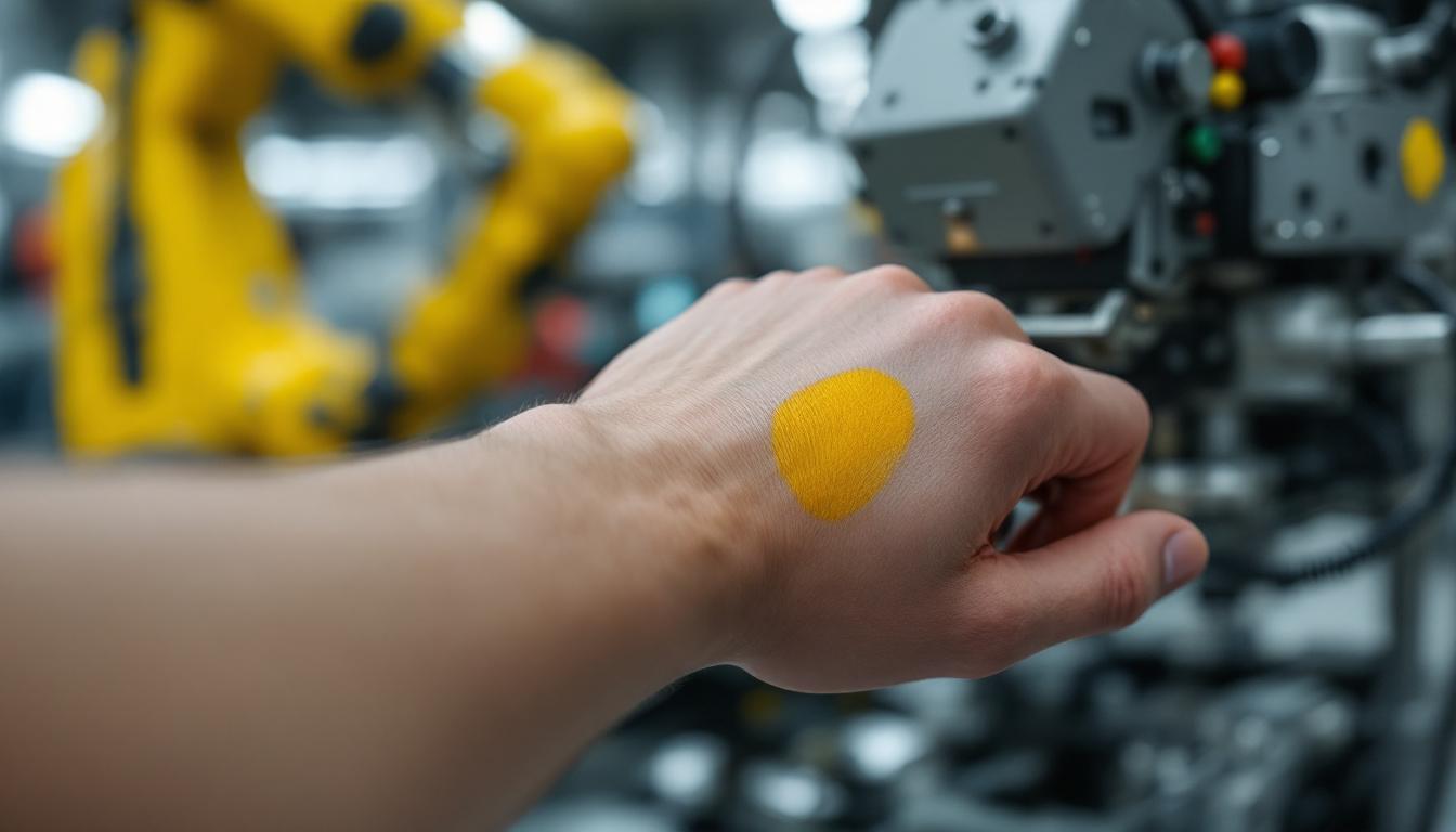 A photograph of a close-up of a person's arm featuring a prominent yellow spot