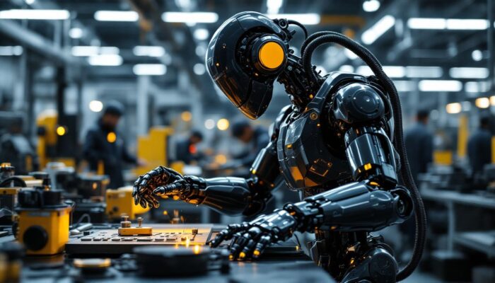 A photograph of a sleek industrial robot in action within a modern manufacturing environment